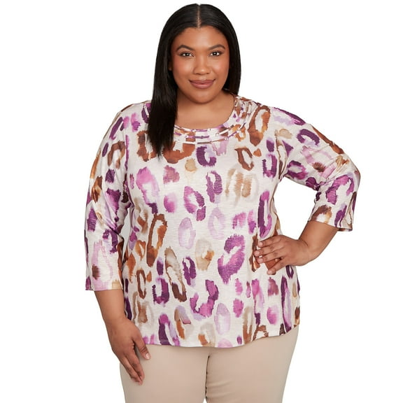 Alfred Dunner Womens Plus-Size Dramatic Animal Three Quarter Sleeve Top