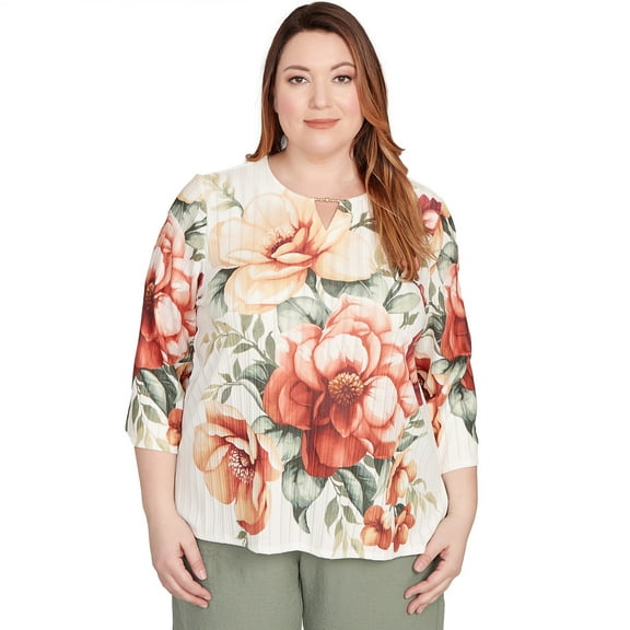 Alfred Dunner Womens Plus-Size Dramatic Floral Split Beaded Top