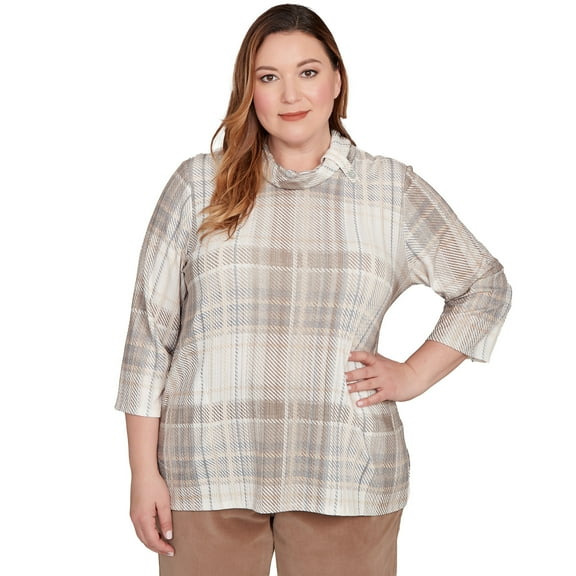 Alfred Dunner Womens Plus-Size Draped Cowl Neckline Plaid Knit Top