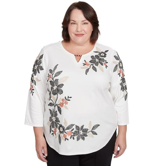 Alfred Dunner Womens Plus-Size Earthy Floral Embroidered Textured Top