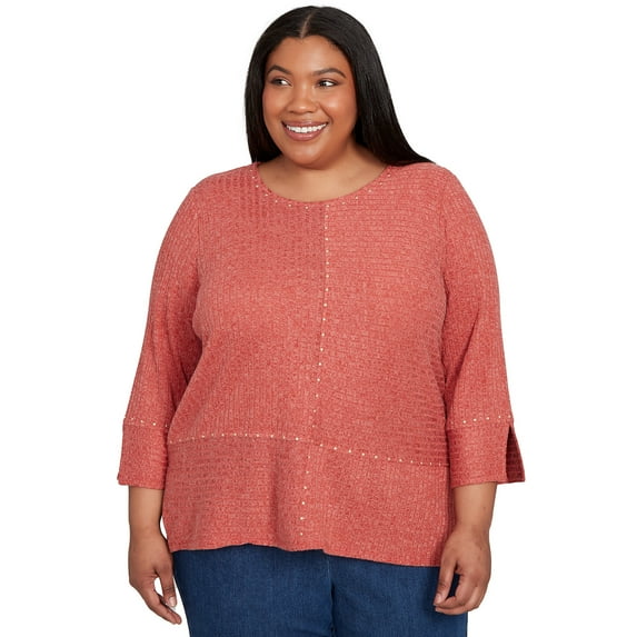 Alfred Dunner Womens Plus-Size Embellished Spliced Solid Top