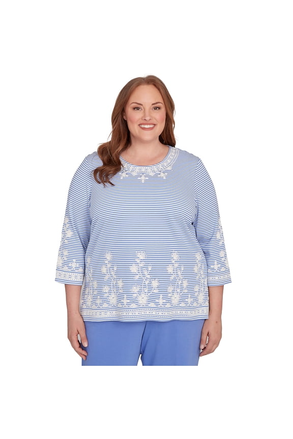 Womens Plus-Size Embellished Striped Crew Neck Top