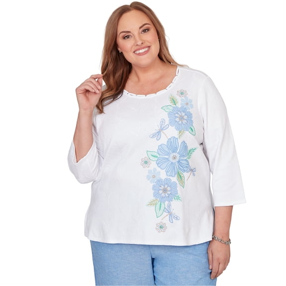 Alfred Dunner Womens Plus-Size Embroidered Dragonfly Floral Top