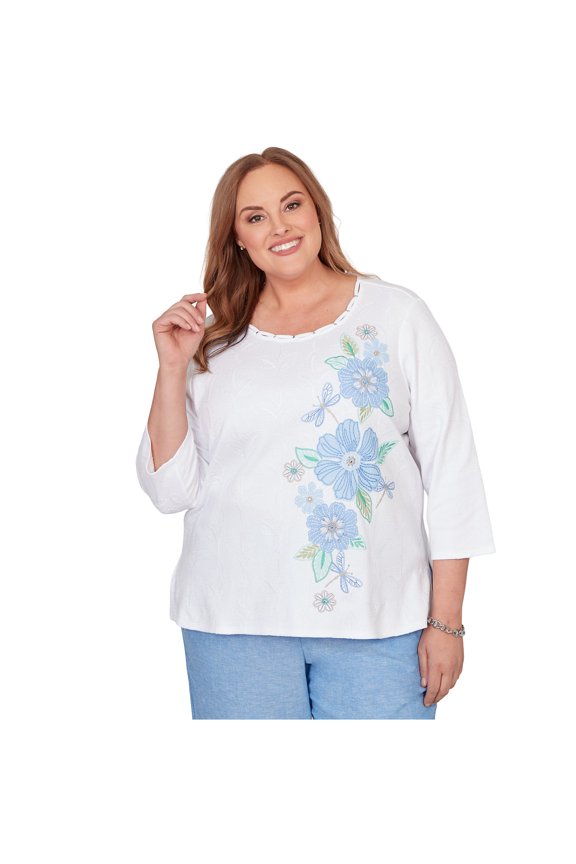 Womens Plus-Size Embroidered Dragonfly Floral Top