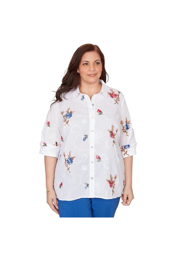 Womens Plus-Size Embroidered Flower Collared Button Front Top