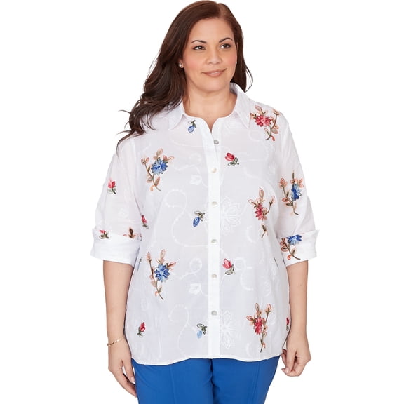 Alfred Dunner Womens Plus-Size Embroidered Flower Collared Button Front Top