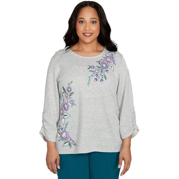Alfred Dunner Womens Plus-Size Embroidered Flowers With Side Tie Ruching Top