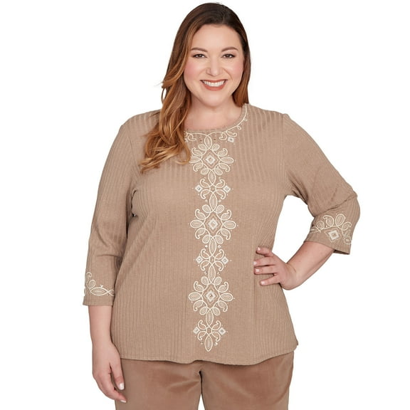 Alfred Dunner Womens Plus-Size Embroidered Medallion Center Knit Top
