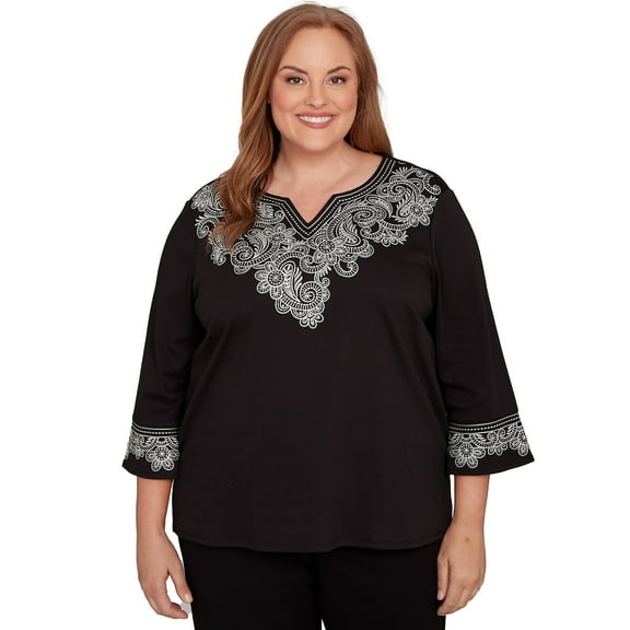 Alfred Dunner Womens Plus-Size Embroidered Scroll Accent Soft Knit Top