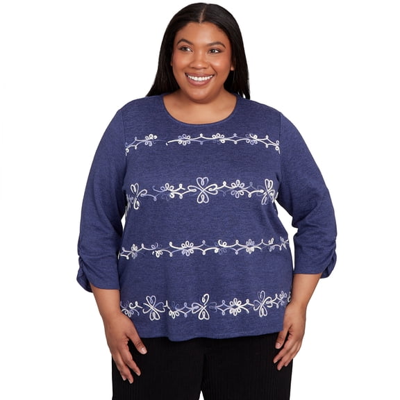 Alfred Dunner Womens Plus-Size Embroidered Scroll Ruched Sleeve Top