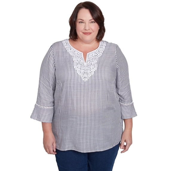 Alfred Dunner Womens Plus-Size Embroidered Split Neck Striped Top