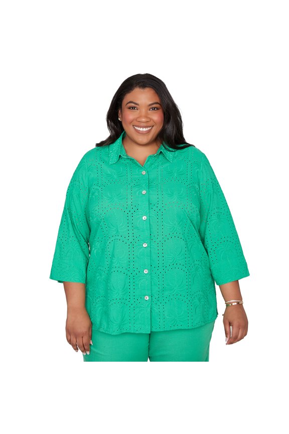 Womens Plus-Size Eyelet Palm Tree Button Front Top