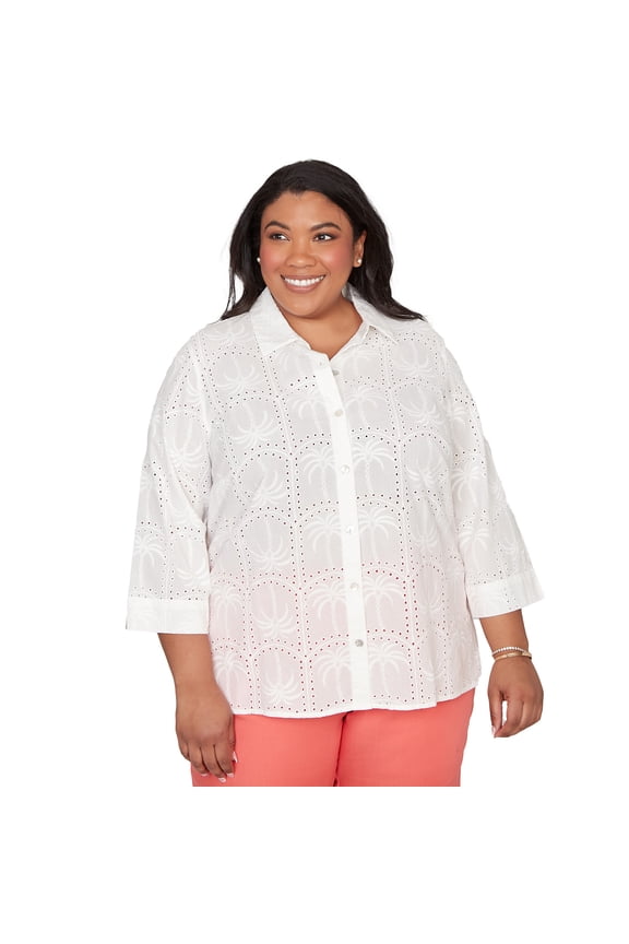 Womens Plus-Size Eyelet Palm Tree Button Front Top