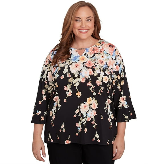 Alfred Dunner Womens Plus-Size Falling Flower Beaded Split Neck Top