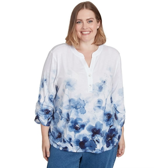 Alfred Dunner Womens Plus-Size Floral Border Ruched Sleeve Henley Top