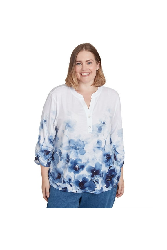 Womens Plus-Size Floral Border Ruched Sleeve Henley Top