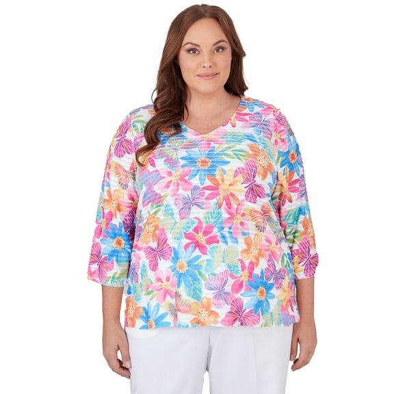 Alfred Dunner Womens Plus-Size  Floral & Butterfly Pleated Ruffle Top