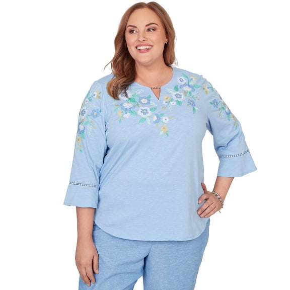 Alfred Dunner Womens Plus-Size Floral Embroidered Split Neck Top