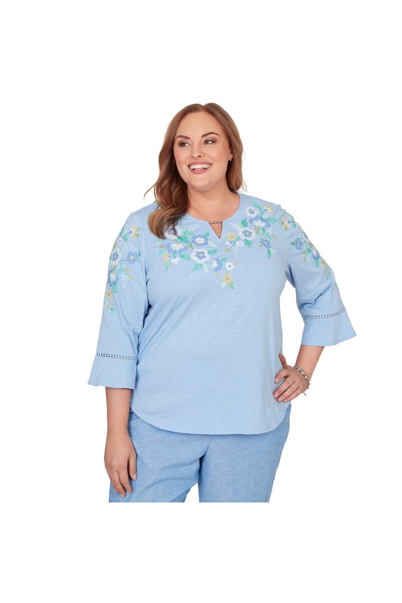 Womens Plus-Size Floral Embroidered Split Neck Top