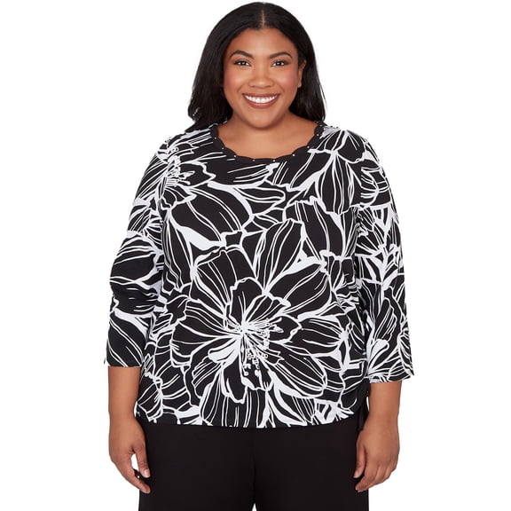 Alfred Dunner Womens Plus-Size Floral Linework Side Tie Ruched Top
