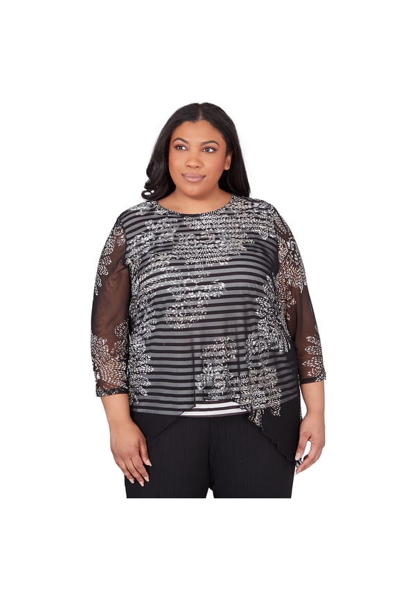 Womens Plus-Size Floral Mesh Stripe Top