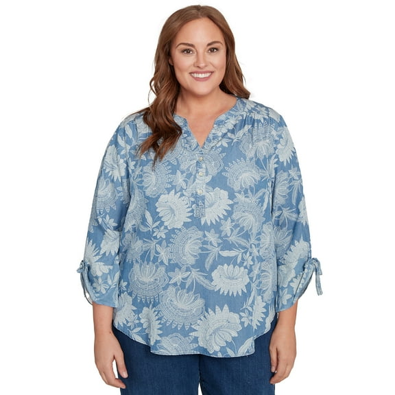 Alfred Dunner Womens Plus-Size Floral Monotone Lyocell Henley Top