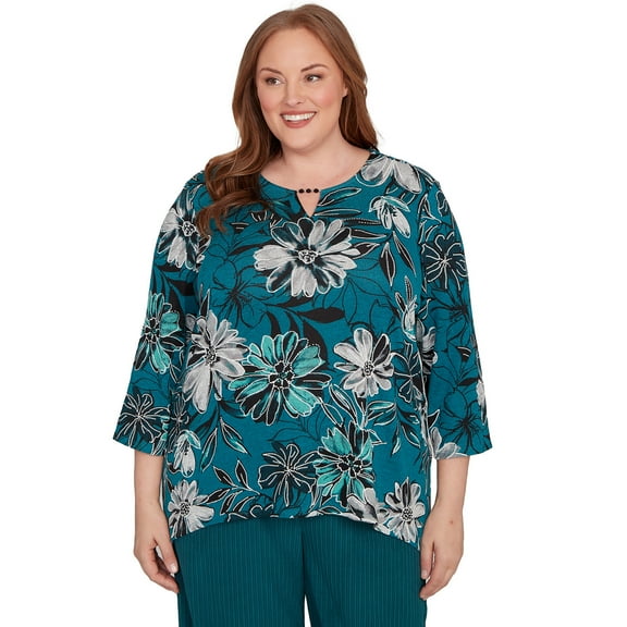 Alfred Dunner Womens Plus-Size Floral Printed Beaded Neck Top