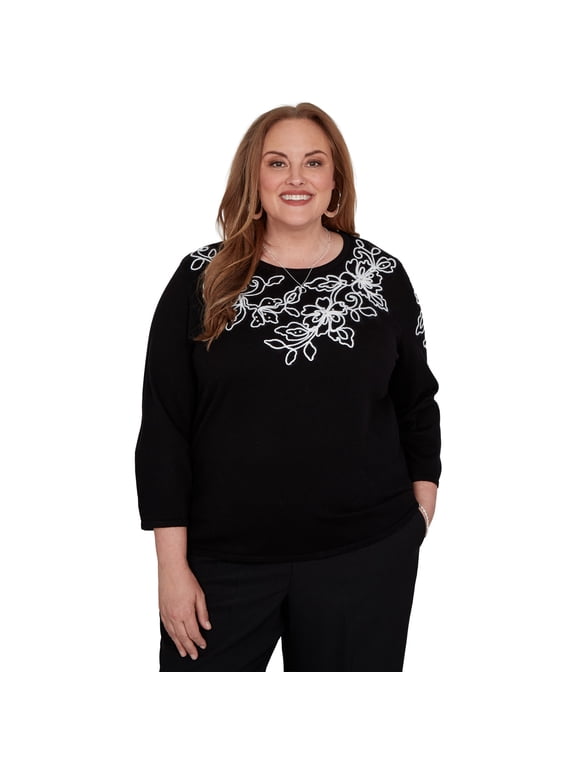 Womens Plus-Size Floral Scroll Soutache Sweater