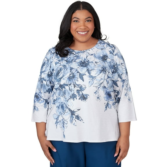 Alfred Dunner Womens Plus-Size Floral Shimmer Three Quarter Sleeve Top