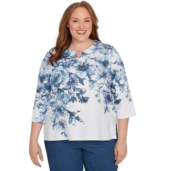 Alfred Dunner Womens Plus-Size Floral Split Beaded Top