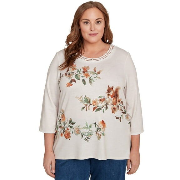Alfred Dunner Womens Plus-Size Floral Squirrel Harvest Top
