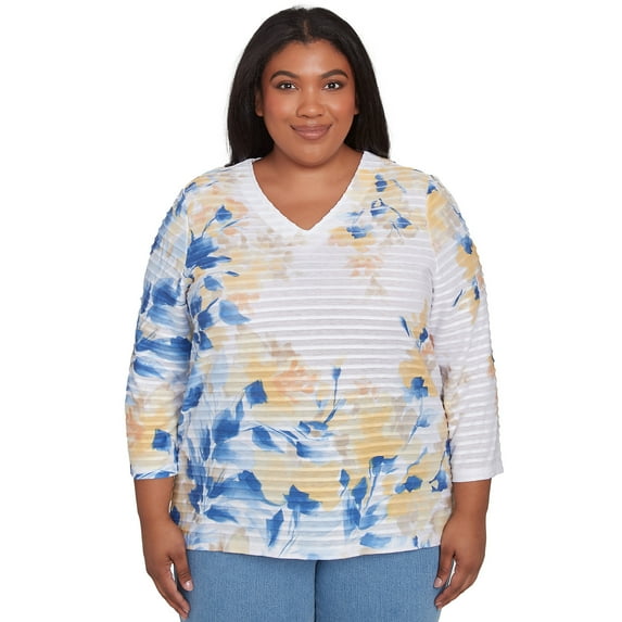 Alfred Dunner Womens Plus-Size Floral Textured V Neck Top
