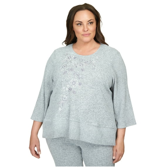 Alfred Dunner Womens Plus-Size Flower Embroidery Split Hem Top
