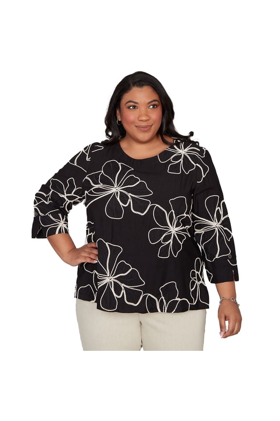 Womens Plus-Size Flower Soutache Three Quarter Sleeve Top