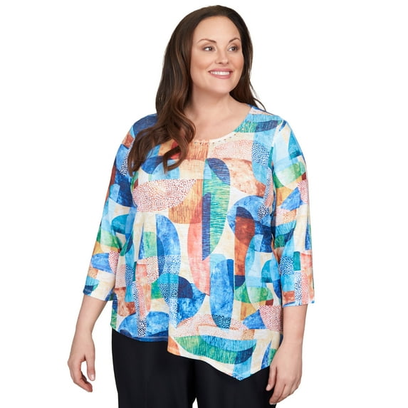 Alfred Dunner Womens Plus-Size Geometric Stained Glass Asymmetric Top