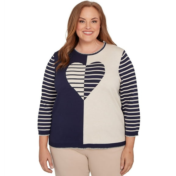 Alfred Dunner Womens Plus-Size Heart Motif Detail Striped Sweater