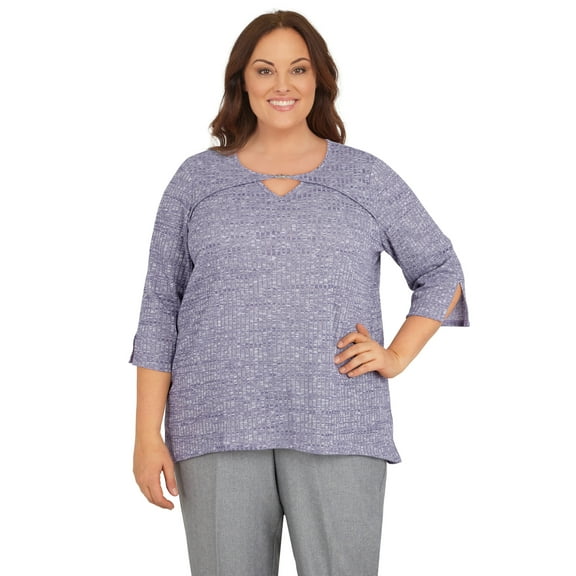 Alfred Dunner Womens Plus-Size  Heather Knit Rib Keyhole Neck Top