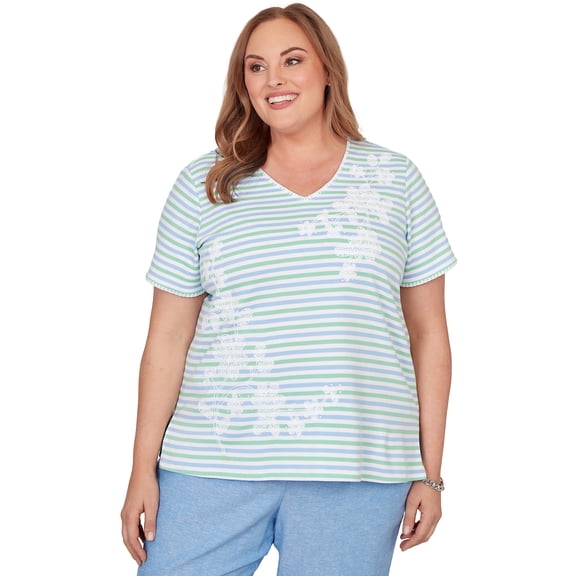 Alfred Dunner Womens Plus-Size Highlight Flower Striped Tee