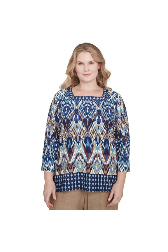 Womens Plus-Size Ikat Diamond Border Square Neck Top