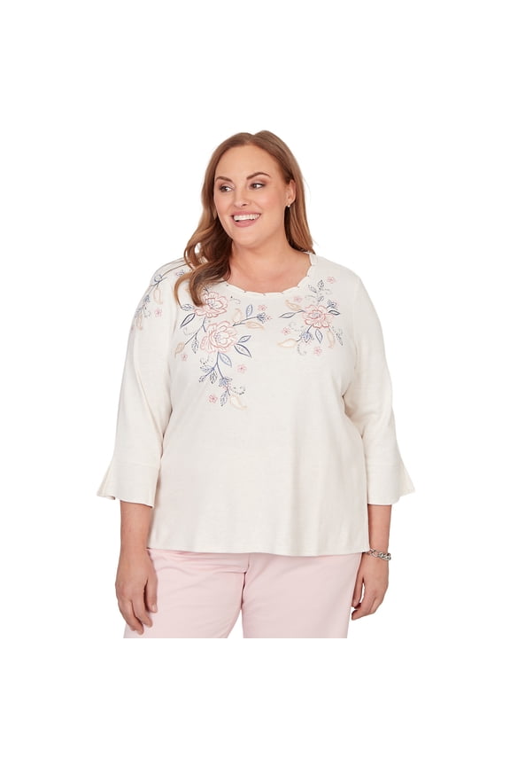 Womens Plus-Size Interlaced Neck Floral Three Quarter Sleeve Top