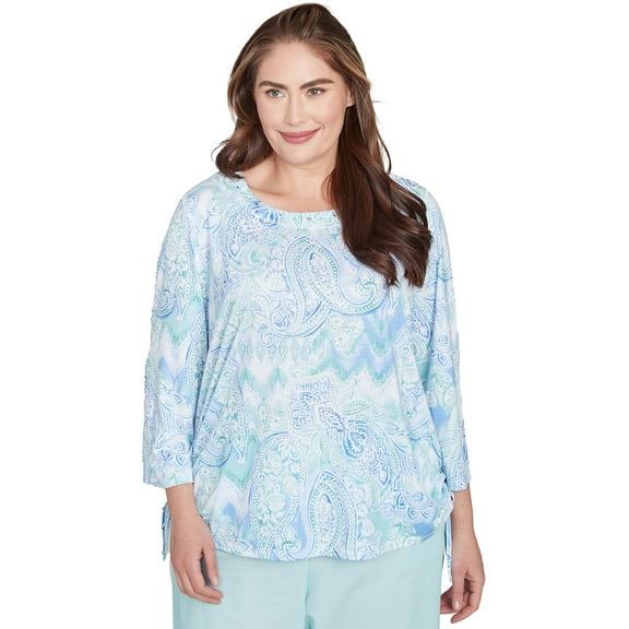 Alfred Dunner Womens Plus-Size Island Mint Paisley Ruched Side Top