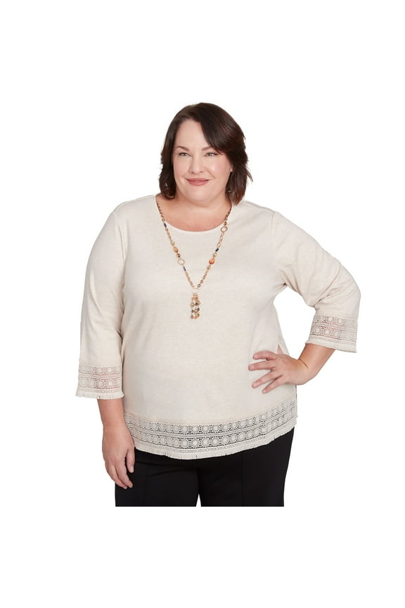 Womens Plus-Size Lace Trimmed Knit Top With Necklace