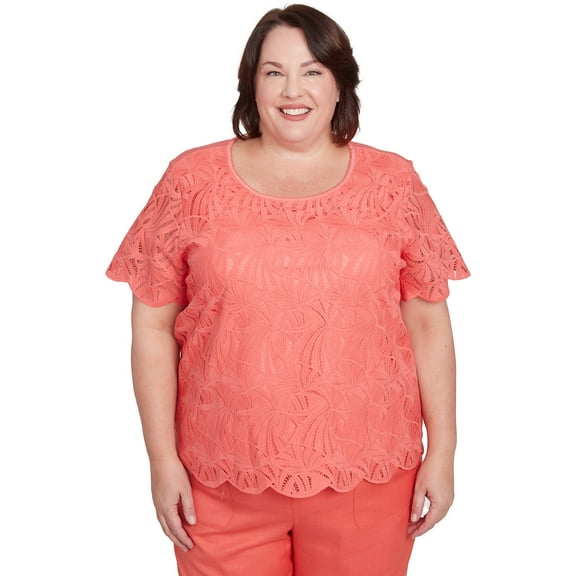 Alfred Dunner Womens Plus-Size Lace Trimmed Textured Tee