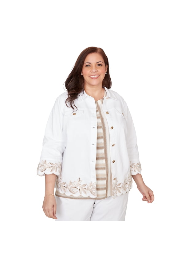 Womens Plus-Size Leaf Cutout Embroidered Shirt Jacket