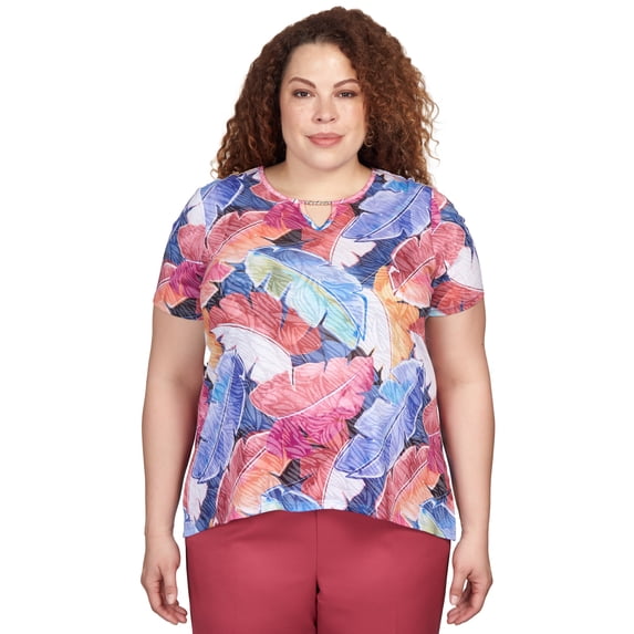 Alfred Dunner Womens Plus-Size Leafy Sharkbite Split Neck Top