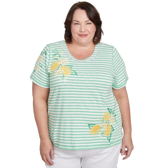 Alfred Dunner Womens Plus-Size Lemon Printed Striped Tee