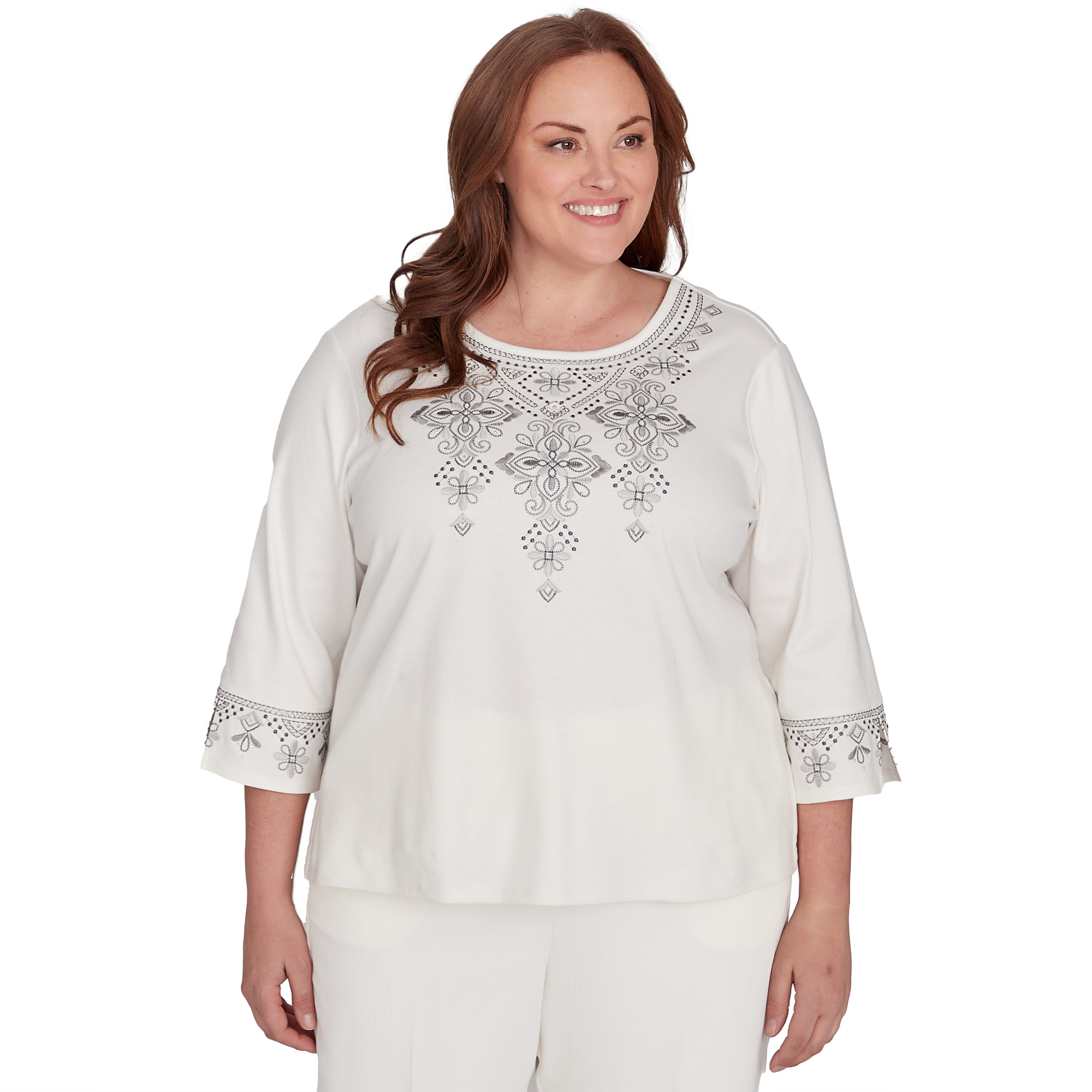 Alfred Dunner Womens PlusSize Medallion Collar Embroidery Solid Top