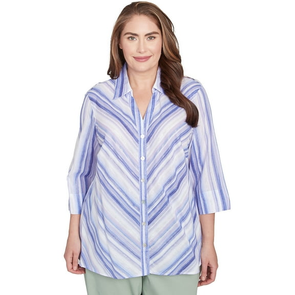 Alfred Dunner Womens Plus-Size Mitered Iris Stripe Button Down Top