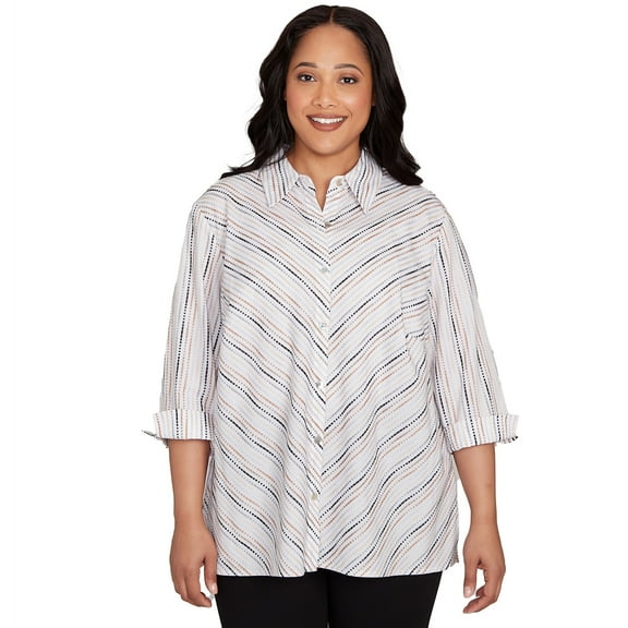 Alfred Dunner Womens Plus-Size Mitered Textured Stripe Button Front Top