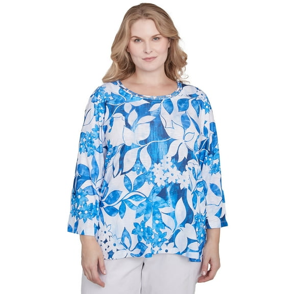 Alfred Dunner Womens Plus-Size Monotone Cobalt Floral Top